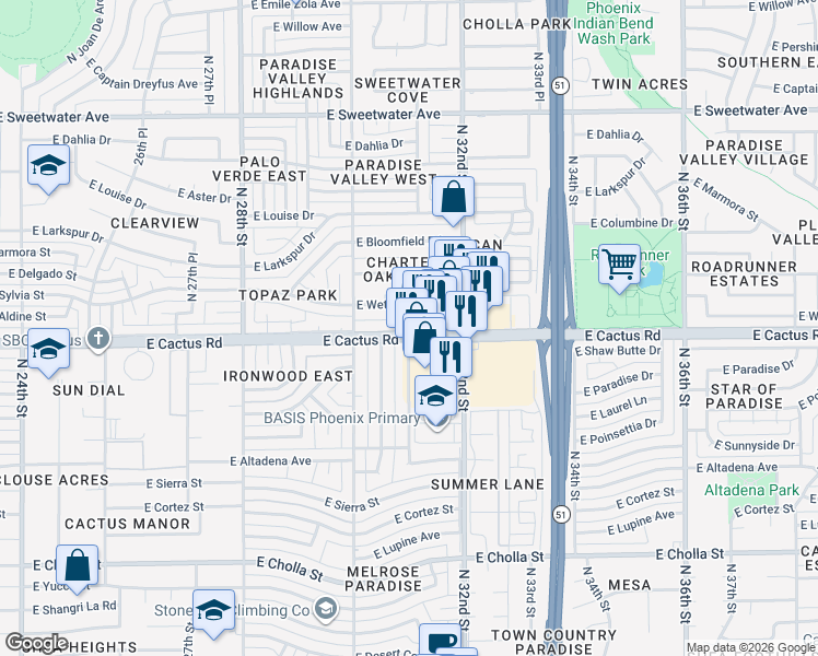 map of restaurants, bars, coffee shops, grocery stores, and more near 3040 East Cactus Road in Phoenix