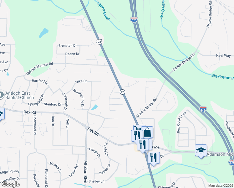 map of restaurants, bars, coffee shops, grocery stores, and more near 2806 Amerson Tr in Ellenwood