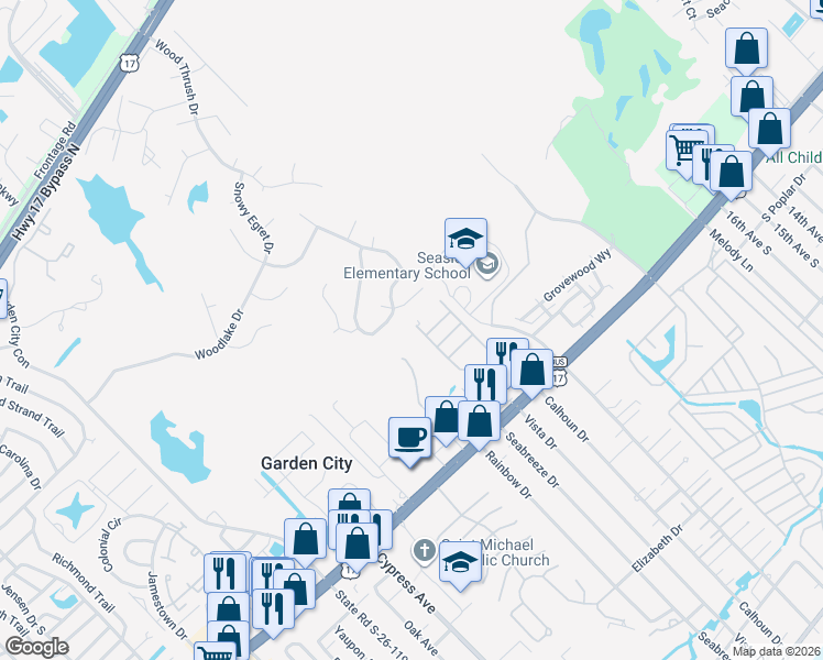map of restaurants, bars, coffee shops, grocery stores, and more near 704 Oliver Drive in Murrells Inlet