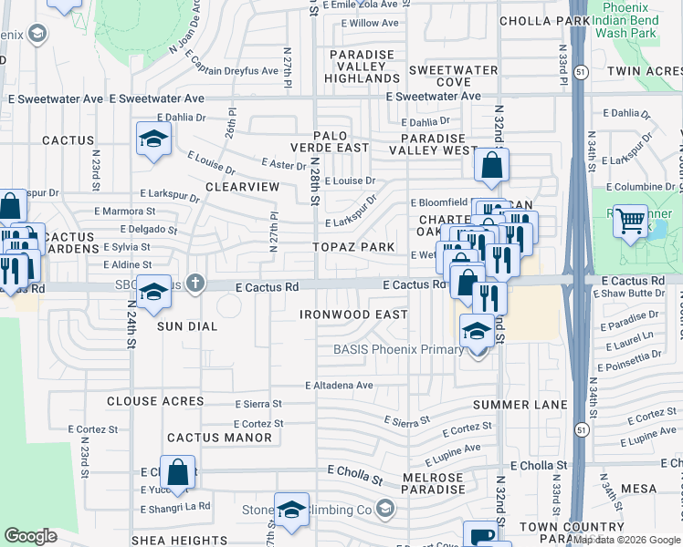 map of restaurants, bars, coffee shops, grocery stores, and more near 2840 East Cactus Road in Phoenix