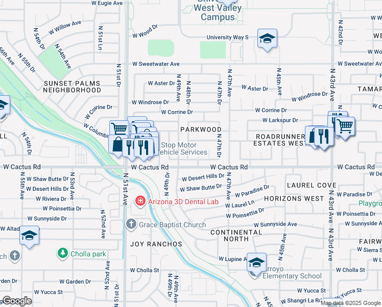 map of restaurants, bars, coffee shops, grocery stores, and more near 12215 North 48th Avenue in Glendale