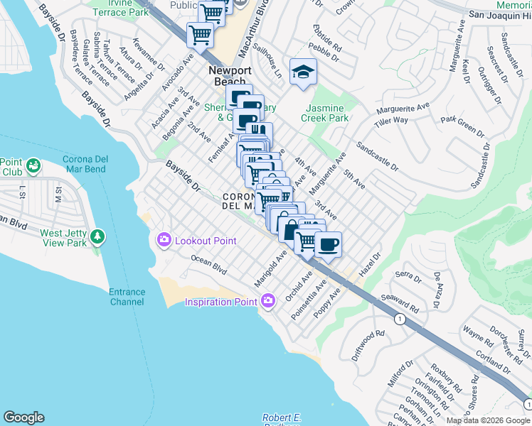 map of restaurants, bars, coffee shops, grocery stores, and more near 3141e East Coast Highway in Newport Beach