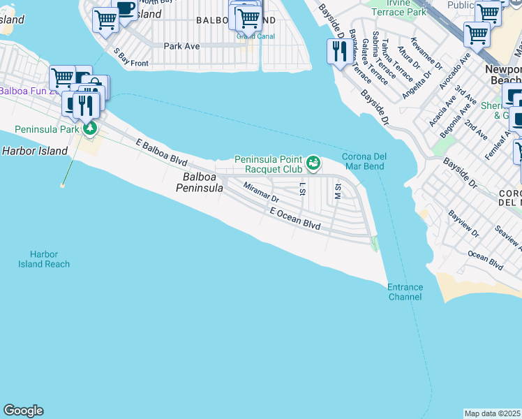 map of restaurants, bars, coffee shops, grocery stores, and more near 1589 East Ocean Boulevard in Newport Beach