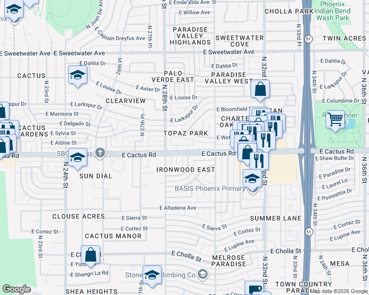 map of restaurants, bars, coffee shops, grocery stores, and more near 2840 East Cactus Road in Phoenix
