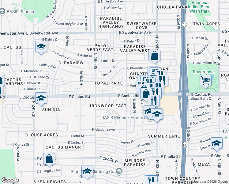 map of restaurants, bars, coffee shops, grocery stores, and more near 2930 East Cactus Road in Phoenix