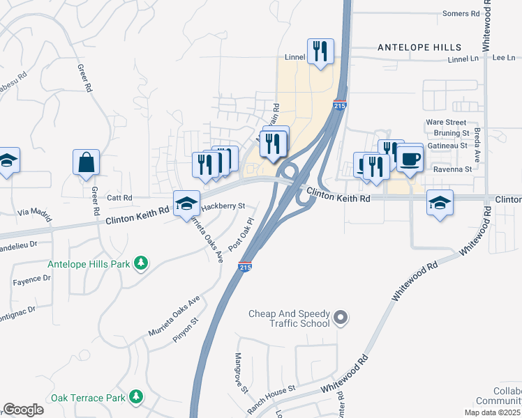 map of restaurants, bars, coffee shops, grocery stores, and more near 27876 Post Oak Place in Murrieta