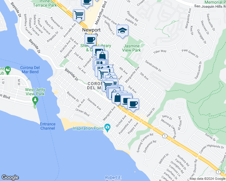 map of restaurants, bars, coffee shops, grocery stores, and more near 416 Larkspur Avenue in Newport Beach