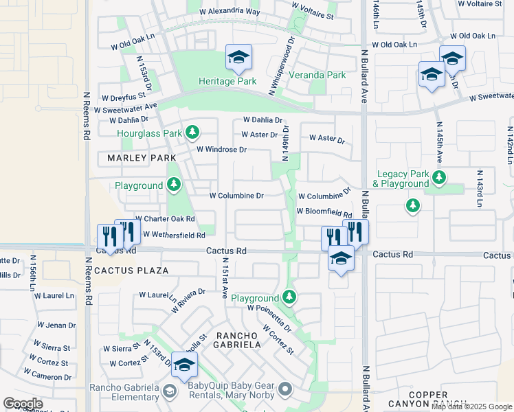 map of restaurants, bars, coffee shops, grocery stores, and more near 15009 West Bloomfield Road in Surprise