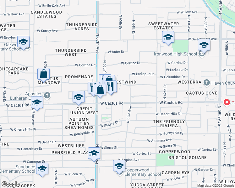 map of restaurants, bars, coffee shops, grocery stores, and more near 12230 North 65th Drive in Glendale