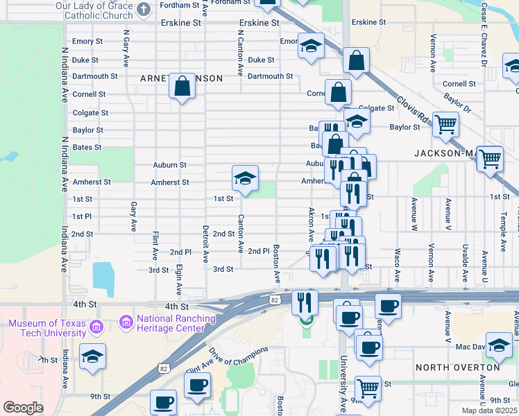 map of restaurants, bars, coffee shops, grocery stores, and more near 2711 1st Street in Lubbock