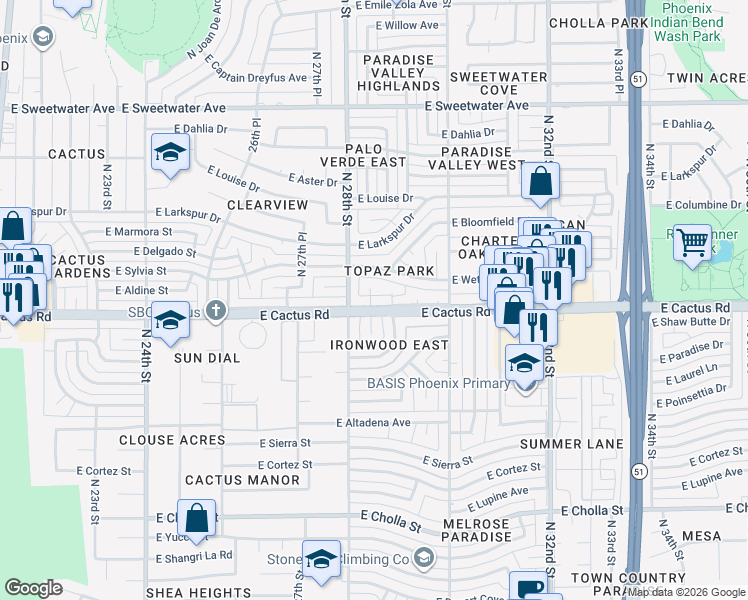 map of restaurants, bars, coffee shops, grocery stores, and more near 2840 East Cactus Road in Phoenix