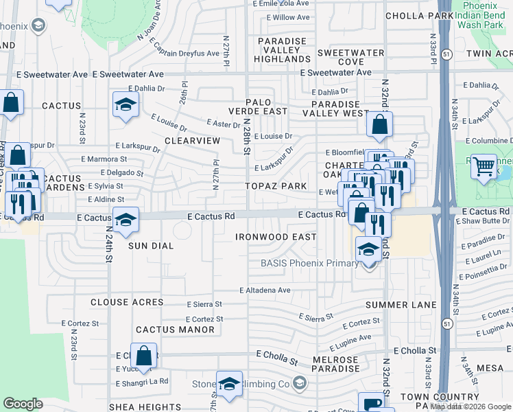 map of restaurants, bars, coffee shops, grocery stores, and more near 2802 East Cactus Road in Phoenix