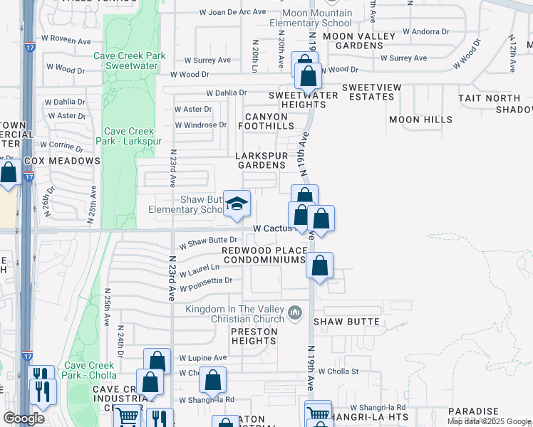 map of restaurants, bars, coffee shops, grocery stores, and more near 2036 West Cactus Road in Phoenix