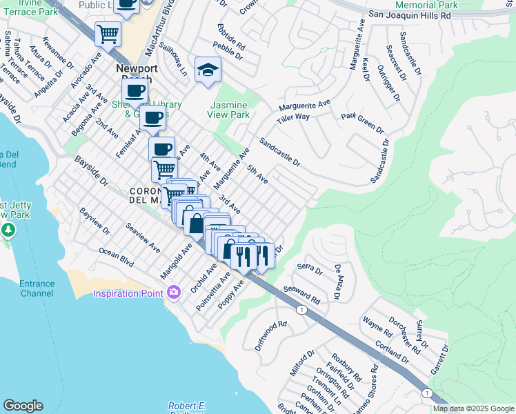 map of restaurants, bars, coffee shops, grocery stores, and more near 603 Orchid Avenue in Newport Beach