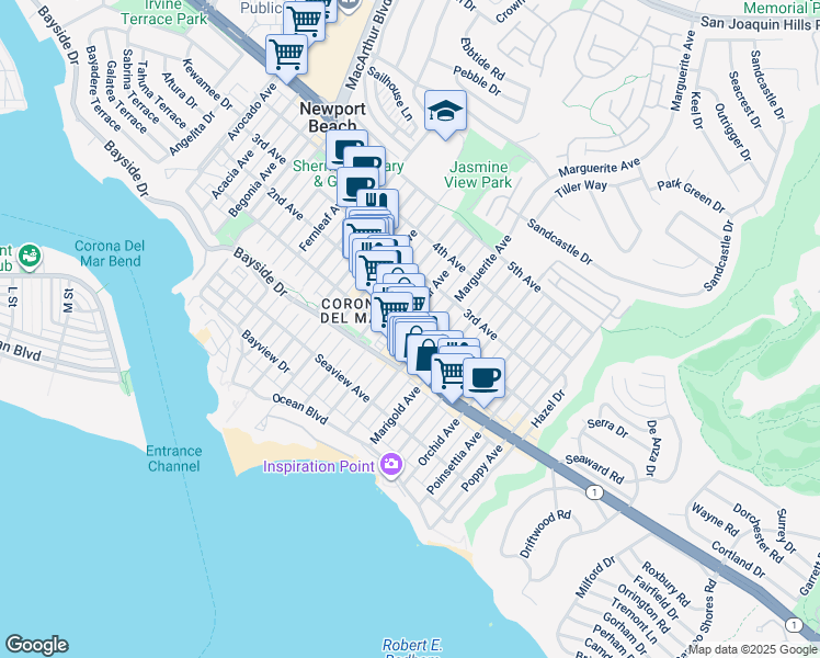 map of restaurants, bars, coffee shops, grocery stores, and more near 3141e East Coast Highway in Newport Beach