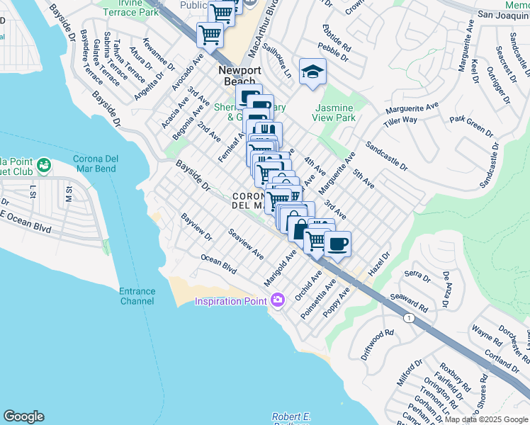 map of restaurants, bars, coffee shops, grocery stores, and more near 325 Jasmine Avenue in Newport Beach