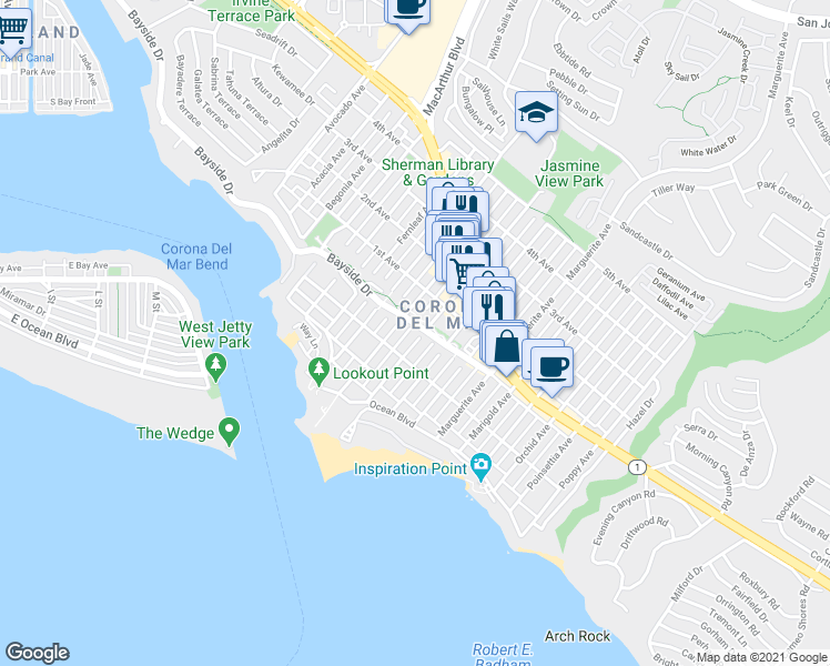map of restaurants, bars, coffee shops, grocery stores, and more near 309 1/2 Breakers Drive in Newport Beach