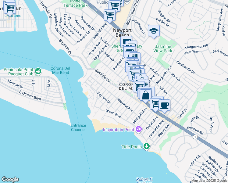 map of restaurants, bars, coffee shops, grocery stores, and more near 309 1/2 Breakers Drive in Newport Beach