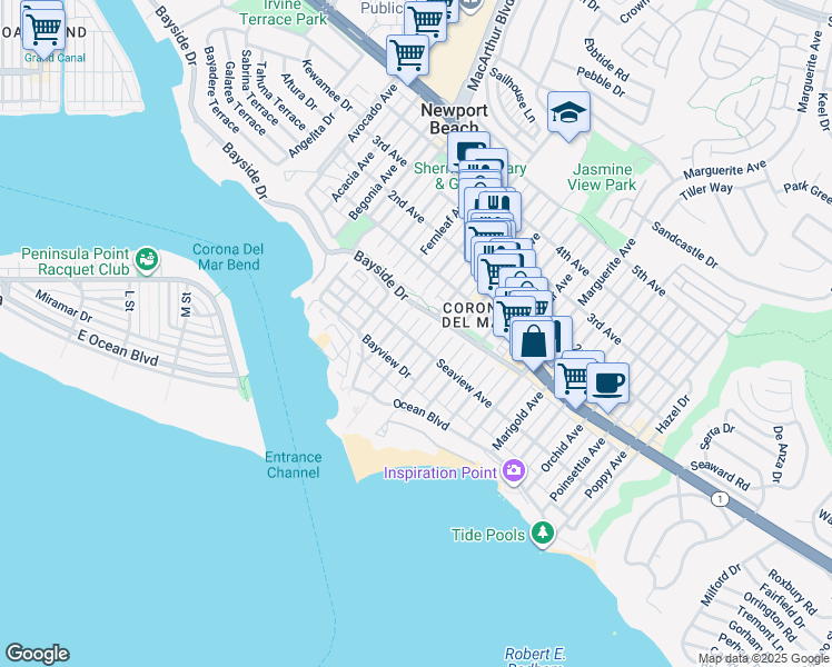 map of restaurants, bars, coffee shops, grocery stores, and more near in Newport Beach