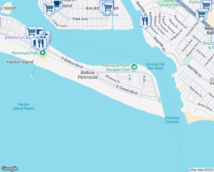 map of restaurants, bars, coffee shops, grocery stores, and more near 1560 East Oceanfront in Newport Beach
