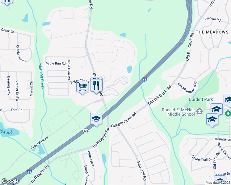 map of restaurants, bars, coffee shops, grocery stores, and more near 5750 Buffington Road in Atlanta