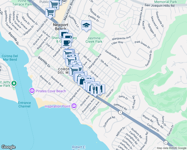 map of restaurants, bars, coffee shops, grocery stores, and more near 518 Marigold Avenue in Newport Beach
