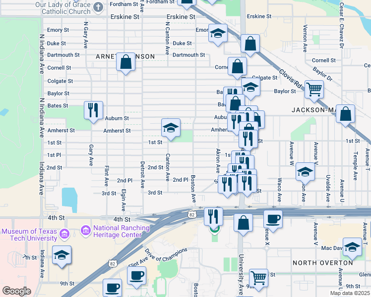 map of restaurants, bars, coffee shops, grocery stores, and more near 2711 1st Street in Lubbock
