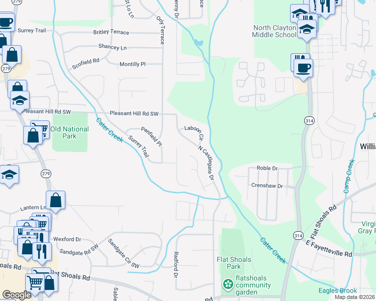 map of restaurants, bars, coffee shops, grocery stores, and more near 5794 Sheldon Court in Atlanta