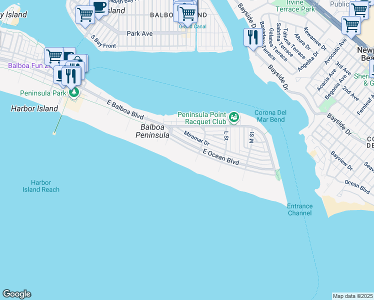 map of restaurants, bars, coffee shops, grocery stores, and more near 1554 East Oceanfront in Newport Beach
