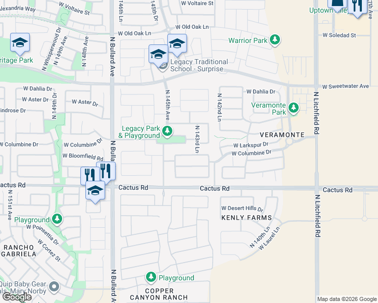map of restaurants, bars, coffee shops, grocery stores, and more near 14381 West Bloomfield Road in Surprise