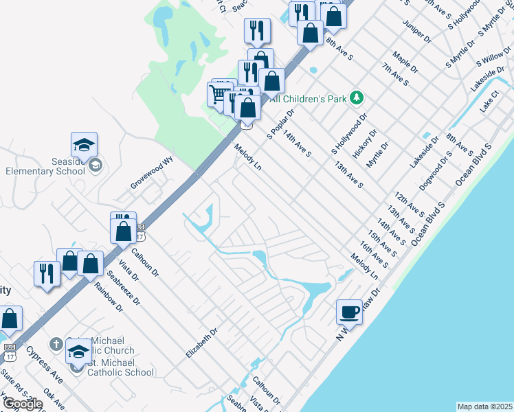 map of restaurants, bars, coffee shops, grocery stores, and more near 458 Sandpebble in Myrtle Beach