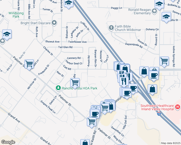 map of restaurants, bars, coffee shops, grocery stores, and more near 23345 Catt Road in Wildomar