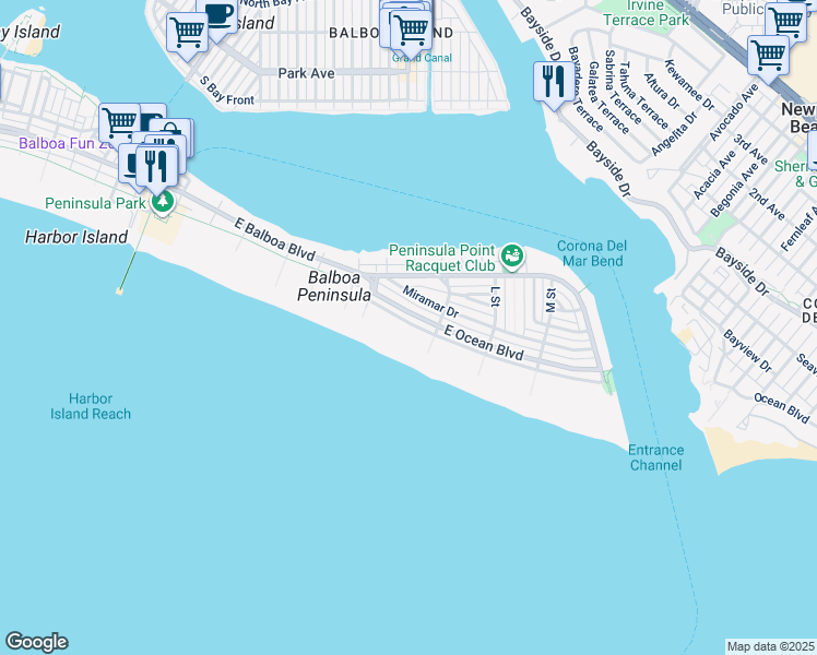 map of restaurants, bars, coffee shops, grocery stores, and more near 1554 East Oceanfront in Newport Beach