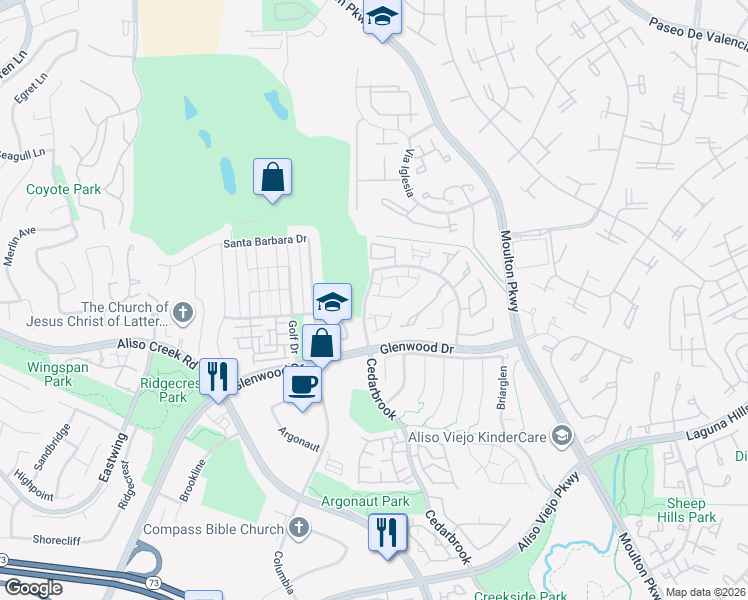 map of restaurants, bars, coffee shops, grocery stores, and more near 15 Via Athena in Aliso Viejo
