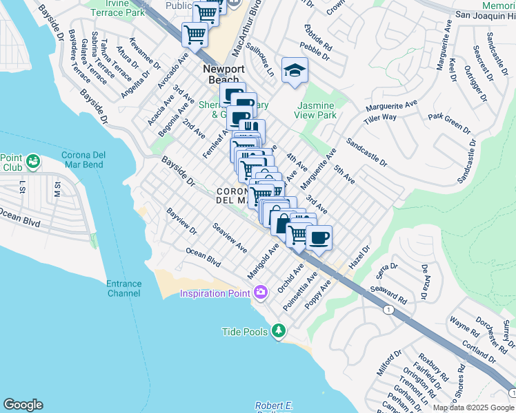 map of restaurants, bars, coffee shops, grocery stores, and more near 3141e East Coast Highway in Newport Beach