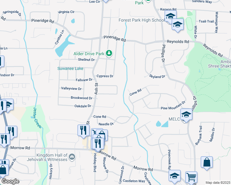 map of restaurants, bars, coffee shops, grocery stores, and more near 927 Sherwood Circle in Forest Park
