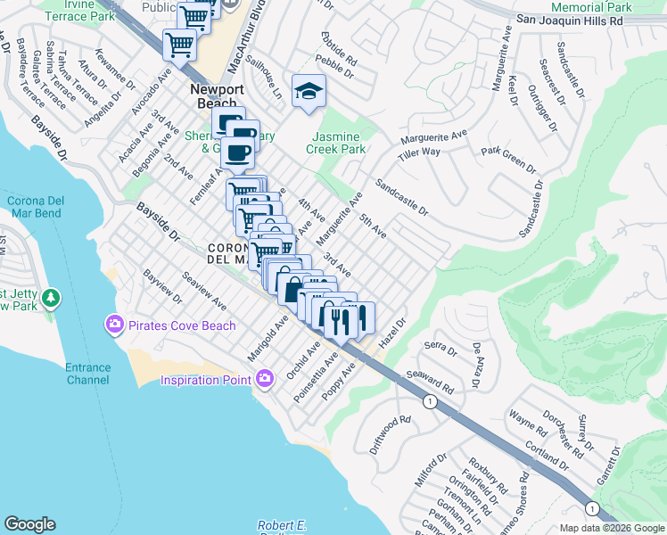 map of restaurants, bars, coffee shops, grocery stores, and more near 508 Marigold Avenue in Newport Beach