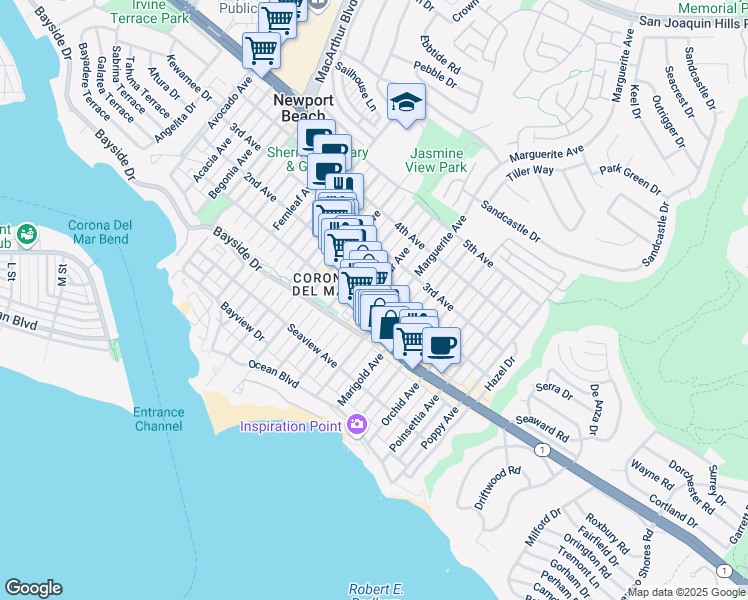 map of restaurants, bars, coffee shops, grocery stores, and more near 416 Larkspur Avenue in Newport Beach