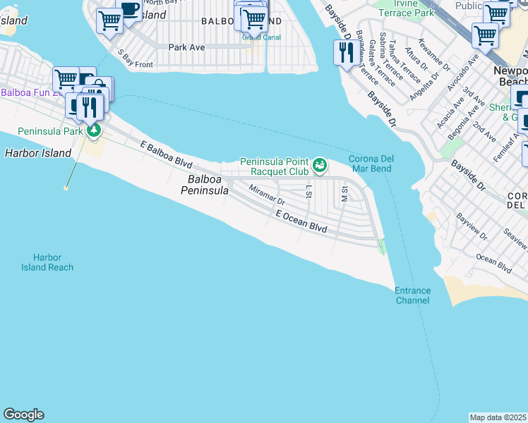 map of restaurants, bars, coffee shops, grocery stores, and more near 1585 East Ocean Boulevard in Newport Beach