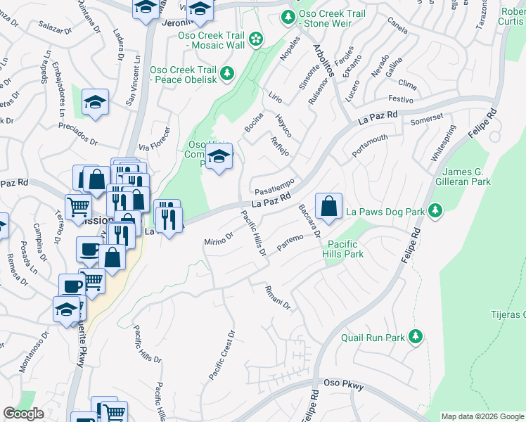 map of restaurants, bars, coffee shops, grocery stores, and more near 65 Cantata Drive in Mission Viejo