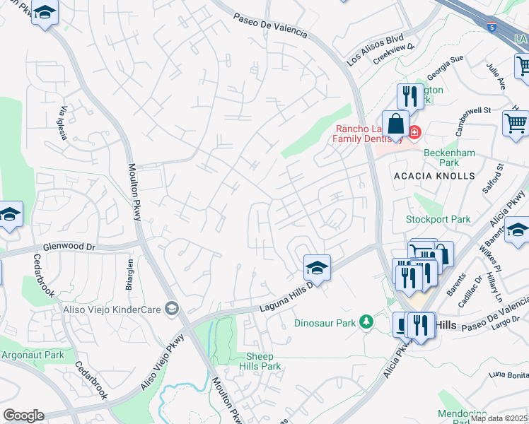 map of restaurants, bars, coffee shops, grocery stores, and more near 891 Ronda Sevilla in Laguna Woods