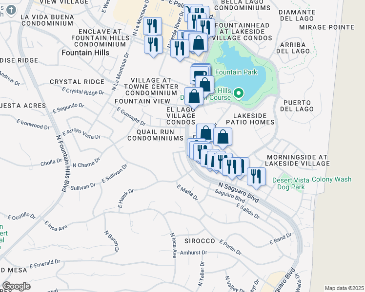 map of restaurants, bars, coffee shops, grocery stores, and more near 16826 East Lamplighter Way in Fountain Hills