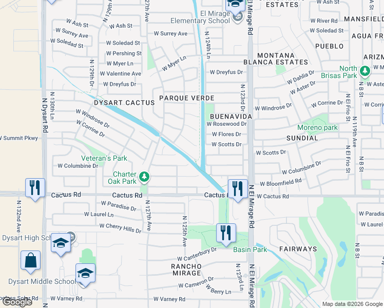 map of restaurants, bars, coffee shops, grocery stores, and more near 12510 West Scotts Drive in El Mirage