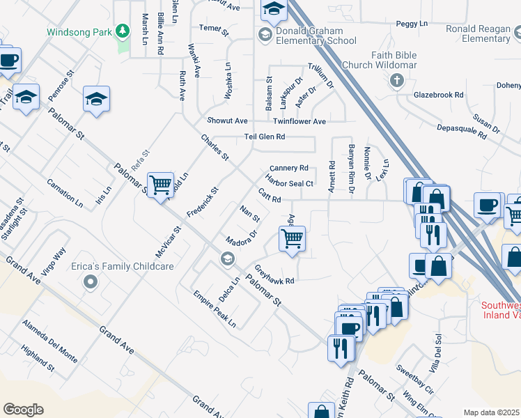 map of restaurants, bars, coffee shops, grocery stores, and more near 22975 Timber Ridge Court in Wildomar