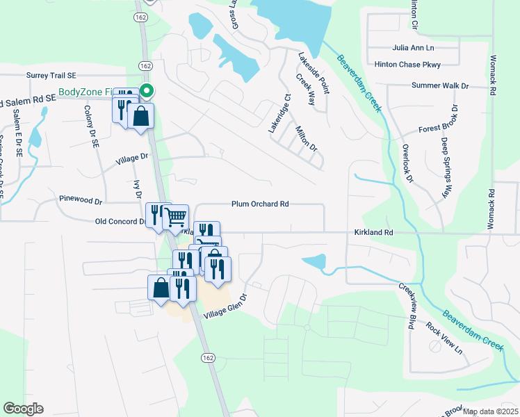 map of restaurants, bars, coffee shops, grocery stores, and more near 115 Plum Orchard Road in Covington