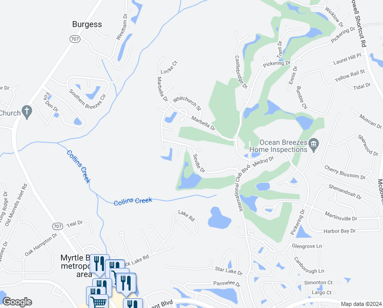 map of restaurants, bars, coffee shops, grocery stores, and more near 189 Seville Drive in Murrells Inlet