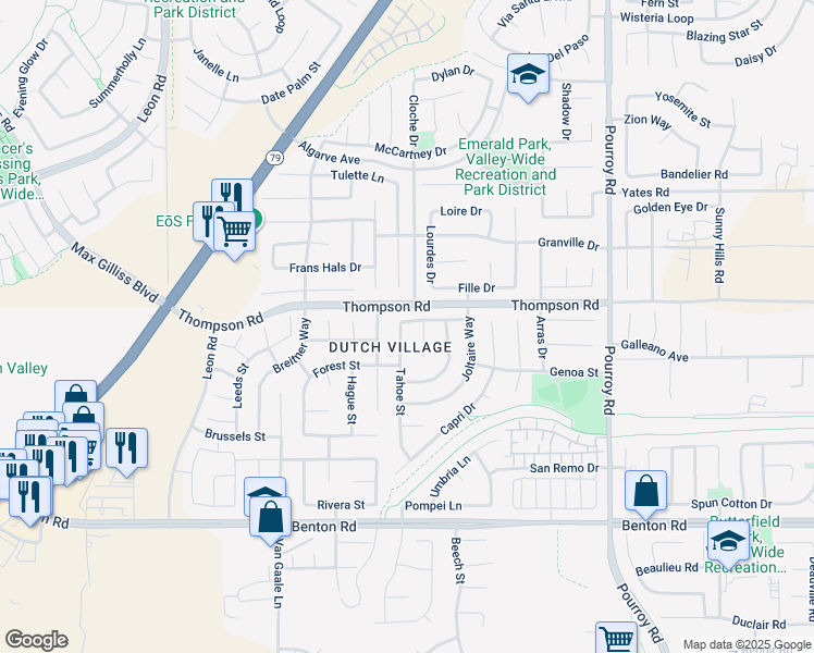 map of restaurants, bars, coffee shops, grocery stores, and more near 36030 Tahoe Street in Winchester