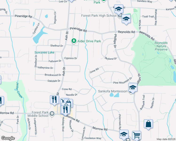 map of restaurants, bars, coffee shops, grocery stores, and more near 972 Cone Road in Forest Park
