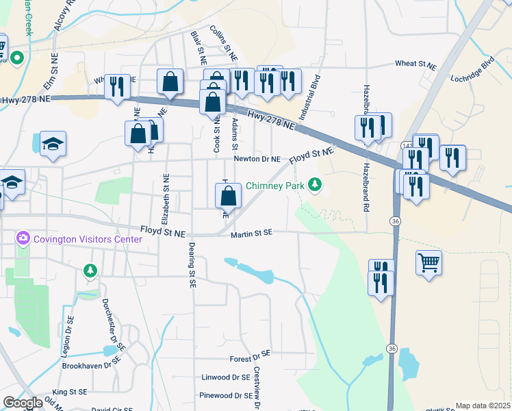map of restaurants, bars, coffee shops, grocery stores, and more near 6104 Floyd Street Northeast in Covington