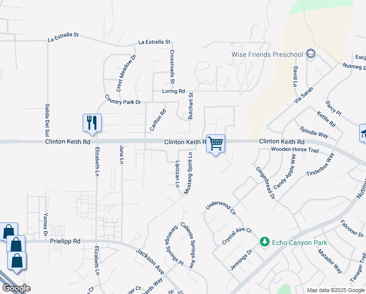 map of restaurants, bars, coffee shops, grocery stores, and more near 25174 Hoofprint Drive in Wildomar